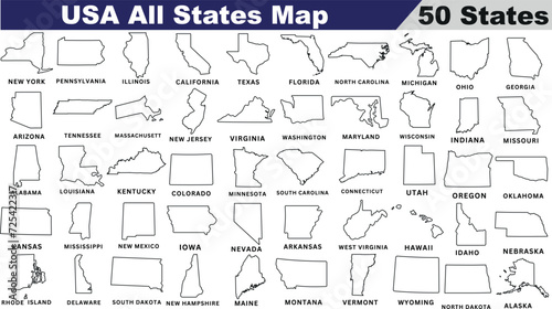 USA All States Map  detailed outlines  labeled  educational geography tool. Perfect for teaching  learning American states. Black and white illustration
