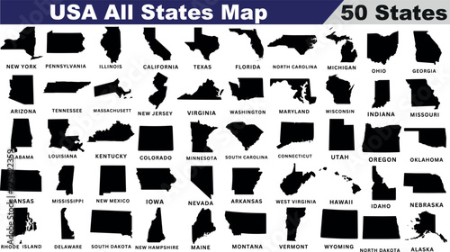 USA All States Map, 50 States, USA state map silhouettes,  perfect for map design, educational material, travel content. Distinct, easily identifiable states photo