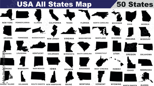 USA All States Map, 50 States, USA state map silhouettes,  perfect for map design, educational material, travel content. Distinct, easily identifiable states