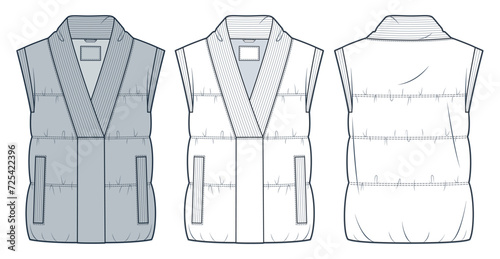 Down Jacket Vest technical fashion Illustration. Puffer Vest Coat fashion flat technical drawing template, button, sleeveless, front, back view, white, grey, rib, women, men, unisex CAD mockup set.