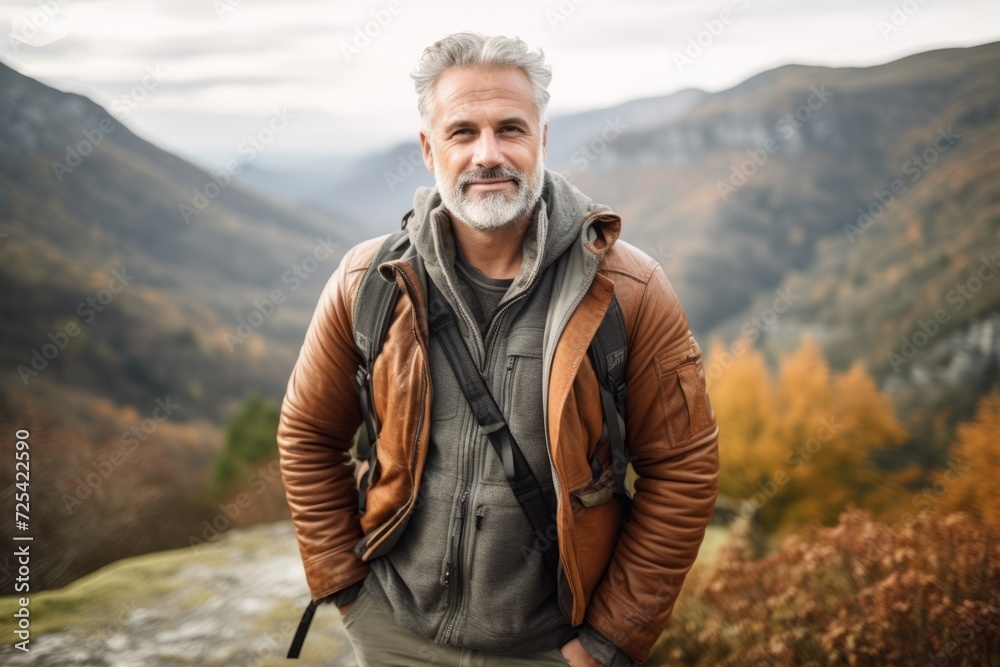 Portrait of a senior man with a backpack standing in the mountains.