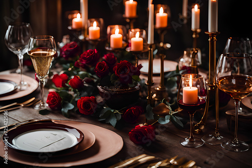 Cherished Moments: Romantic Dinner Table in Dark Red, Peach, Black, and Brown Tones