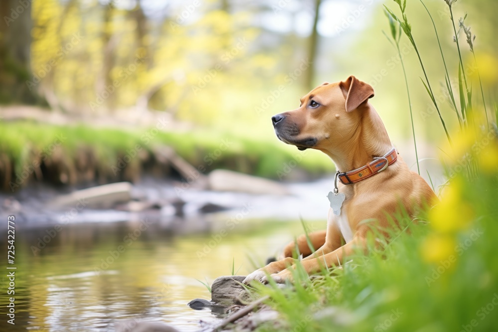 dog sitting peacefully by a brook, surrounded by fresh spring grass