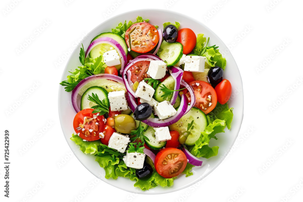 Greek salad with feta cheese, olives and crispy vegetables, white background