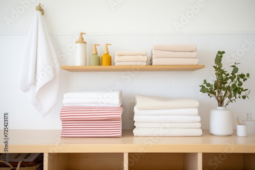 organic cotton towels stacked on a simple shelf © studioworkstock