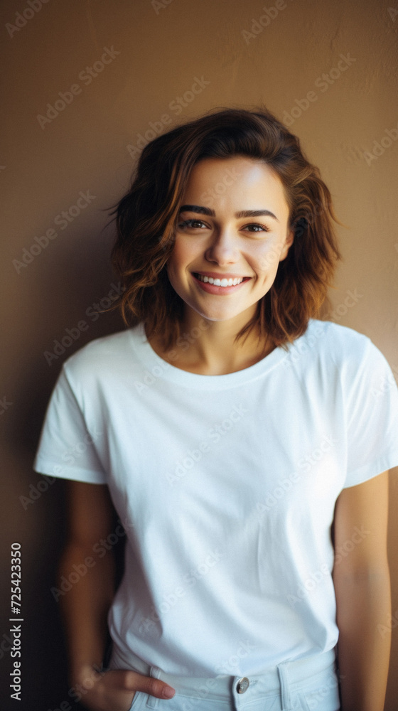 Obraz premium Young happy woman, smiling gen z girl model wearing tshirt looking at camera standing on color background. Face skin care cosmetics makeup, fashion ads. Beauty portrait. White t-shirt mock up template