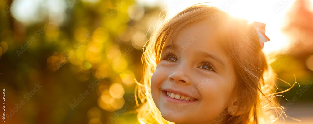 Fototapeta premium Close up portrait of little girl smiling in backlight. AI generated.