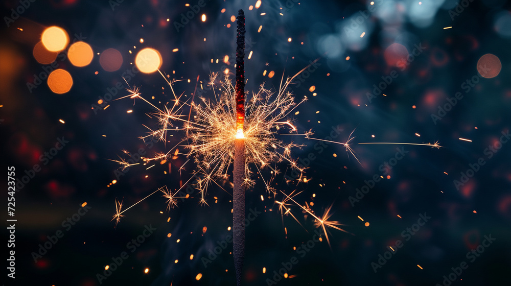 Fototapeta premium A lone firework ascending into the night sky, leaving a trail of sparks and anticipation for the upcoming display