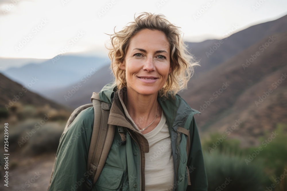 Portrait of a smiling woman with backpack looking at camera in the desert