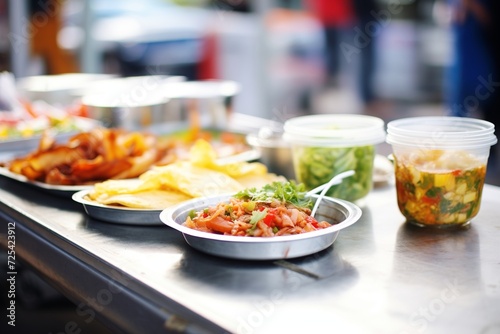 array of dishes displayed on food truck counter