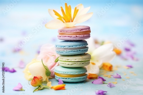 colorful macarons stack with flowers photo
