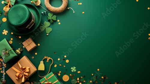 Top view photo Saint Patrick's Day concept on isolated green background with copyspace