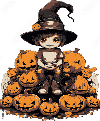 Halloween Kid Costume. Kid in halloween costume sitting on pumpkins. In the moonlight. Transparent background.