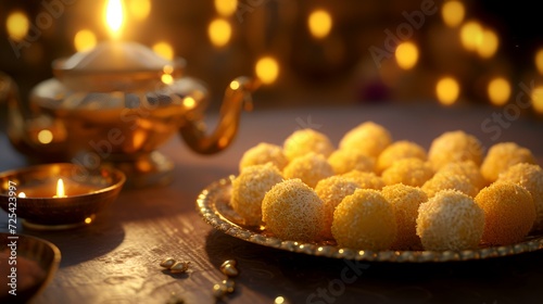 Indian Festival Dussehra, showing golden laddu or laddu made from sweetened condensed milk and sugar. photo