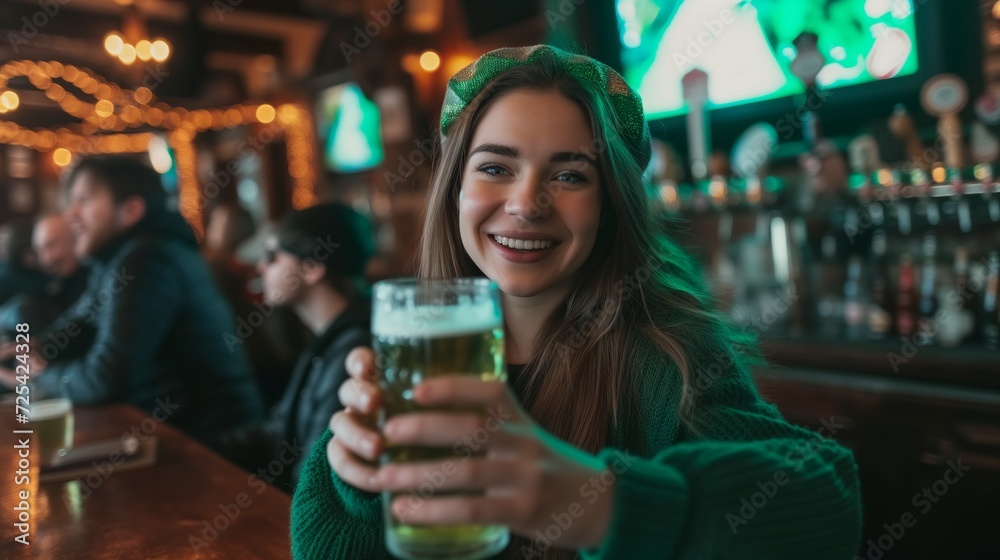 Portrait of smiling woman with beer celebrating St. Patrick's Day in pub. St. Patrick's Day celebration Portrait of smiling woman with beer celebrating St. Patrick's Day in pub. St. Patrick's Day celebration