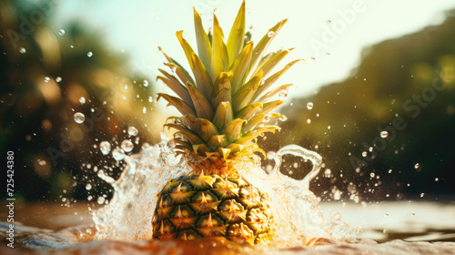 Fresh Pineapple Splashing Water with Sunlight Backdrop