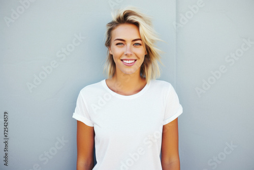 Young happy woman, smiling gen z girl model wearing tshirt looking at camera standing on color background. Face skin care cosmetics makeup, fashion ads. Beauty portrait. White t-shirt mock up template