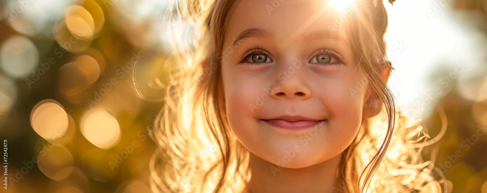 Close up portrait of little girl smiling in backlight. AI generated. Close up portrait of little girl smiling in backlight. AI generated.