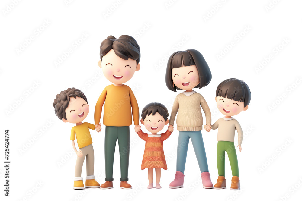 family holding hands and smiling together, happiness in the bond between parent and children on a white background.