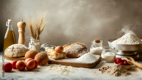 top view of ingredients for baking cake on white table, panorama photo