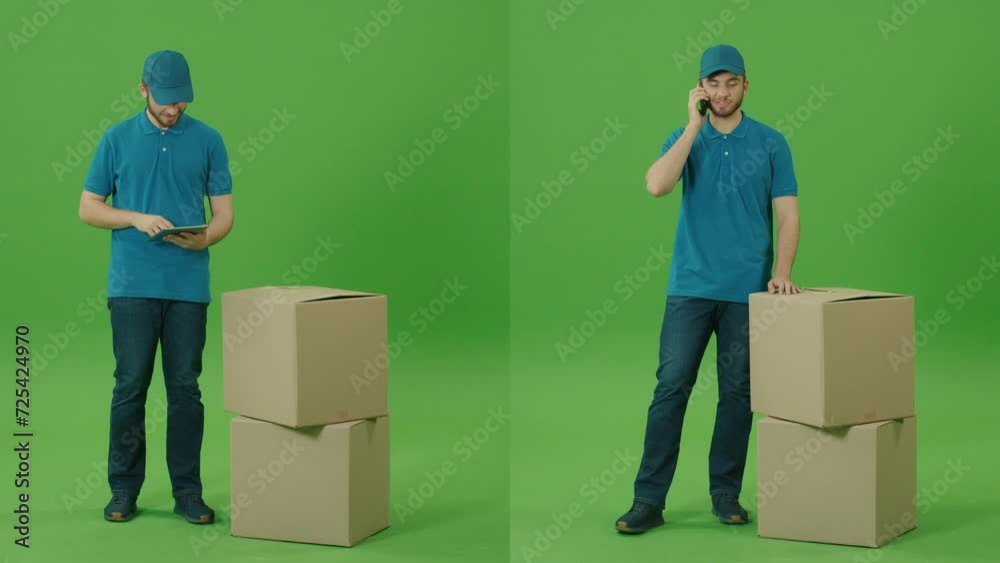Green Screen Delivery Person Using a Smartphone to Searching for Fast Delivery Addresses. Delivery Person in Uniform and With Cardboard Box Package Using Smartphone to Check Order. Green Screen Delivery Person Using a Smartphone to Searching for Fast Delivery Addresses. Delivery Person in Uniform and With Cardboard Box Package Using Smartphone to Check Order.