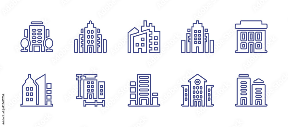 Building line icon set. Editable stroke. Vector illustration. Containing apartments, building, city, buildings, skycraper, skyscraper, measure, university.