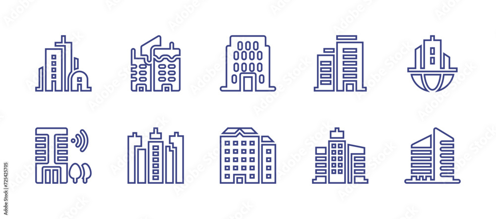 Building line icon set. Editable stroke. Vector illustration. Containing office building, building, headquarters, hotel, buildings, city, smart, flats.