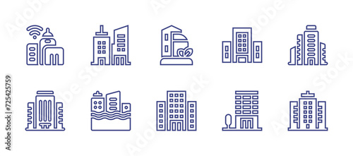 Building line icon set. Editable stroke. Vector illustration. Containing smart city, skyscrapper, green city, office building, company, building, flood.