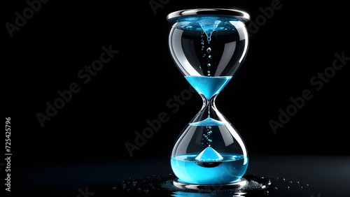 glassy hourglass with dripping water close up isolated on black background