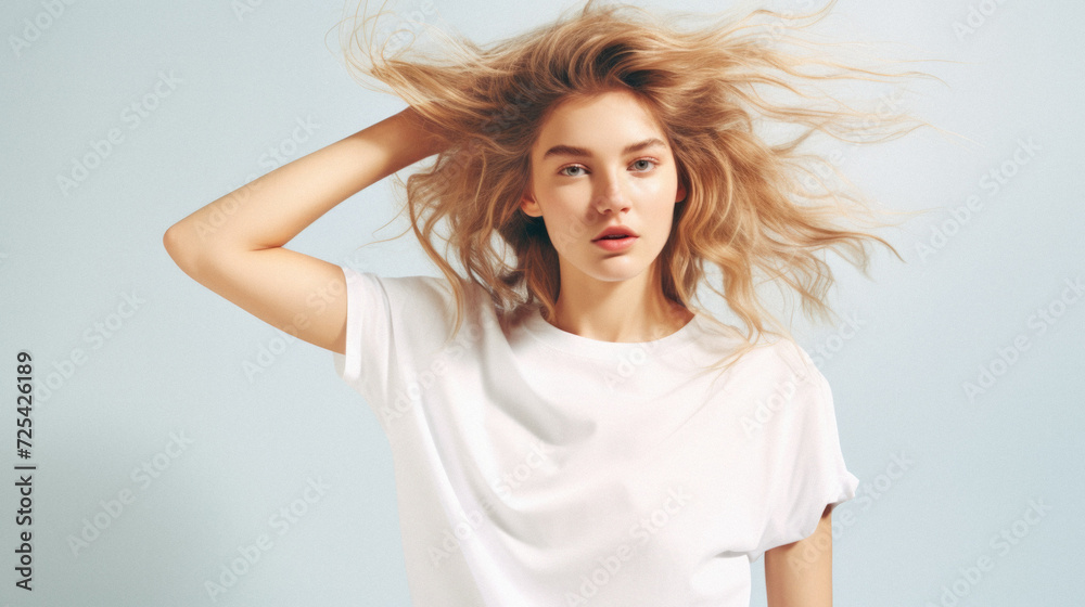 Young pretty cool trendy woman gen z model wearing tshirt looking at camera standing on color background. Face skin care cosmetics makeup, fashion ads. Beauty portrait. White t-shirt mock up template Young pretty cool trendy woman gen z model wearing tshirt looking at camera standing on color background. Face skin care cosmetics makeup, fashion ads. Beauty portrait. White t-shirt mock up template