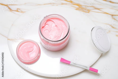 a tub of pink gel facial cleanser open on a white marble