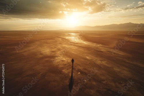 Photographie Aerial view of man standing on the edge of the sea at sunset