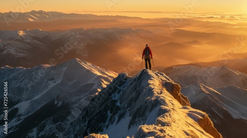 Hiker on the top of the mountain at sunset. Beautiful winter landscape. Lone mountaineer reaching the summit, bathed in the golden hues of sunrise. The vast, untouched landscape.