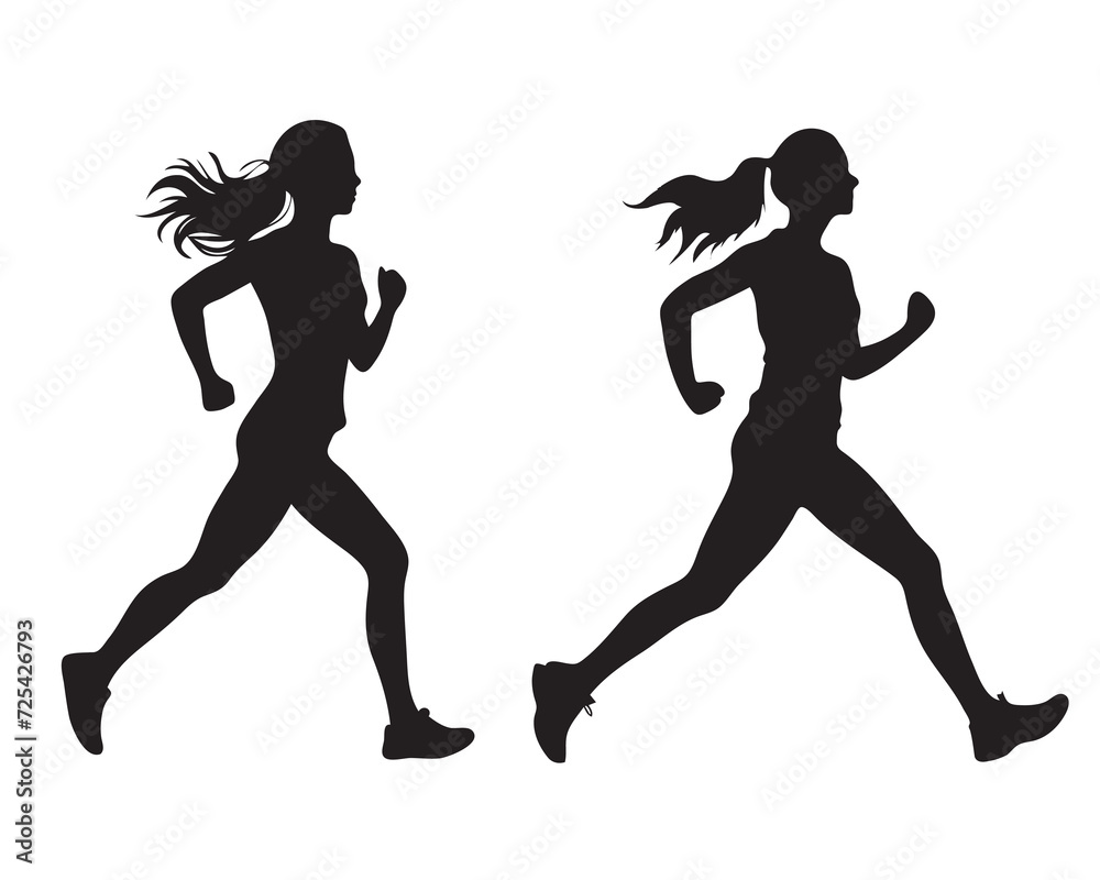 Fototapeta premium Running women silhouettes on white background, vector illustration. Side view.