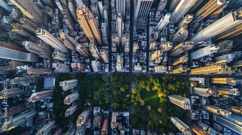 Aerial view of high-rise buildings. A breathtaking aerial photograph capturing the urban expansion of a bustling metropolis, where gleaming skyscrapers seamlessly blend with green spaces. 