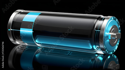 glassy transparent battery charging glass empty battery with metal caps isolated on black