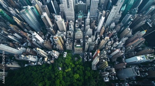 Aerial view of high-rise buildings. A breathtaking aerial photograph capturing the urban expansion of a bustling metropolis, where gleaming skyscrapers seamlessly blend with green spaces. 