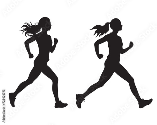 Running women silhouettes on white background, vector illustration. Side view.