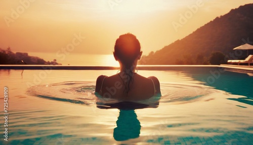 Back Silhouette of a Woman at Sunset Swim