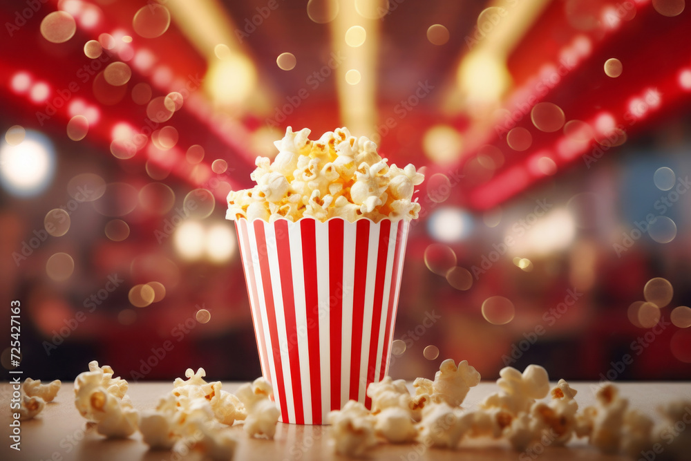 Vintage popcorn cup in movie theater setting with festive lights