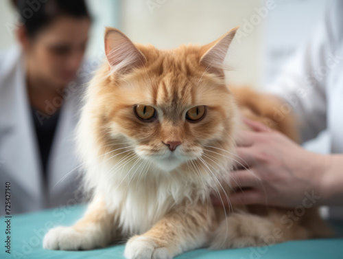 Veterinary examination of the red cat. Animal clinic. Pet check and vaccination. close-up