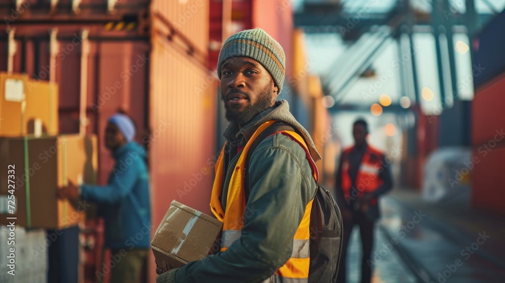 Multi-ethnic men and women working at shipping port with containers in background, logistics group