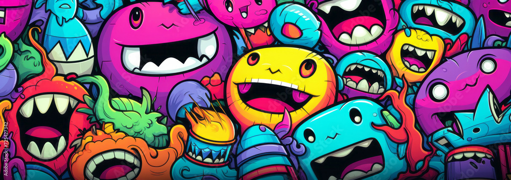 Obraz premium Colorful cartoon monsters gathering illustration for kids and entertainment