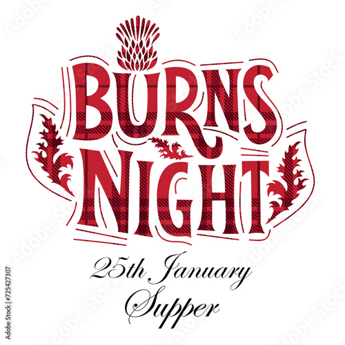 Burns night supper card with thistle on tartan background. Menu with lettering for restaurant, party...
