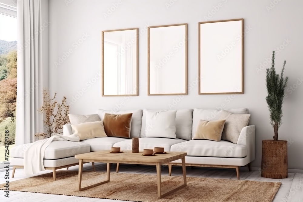 Empty white poster frames hang on a white wall above a beige sofa in a living room. Made with generative AI technology Empty white poster frames hang on a white wall above a beige sofa in a living room. Made with generative AI technology