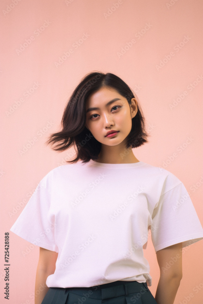 Young pretty Asian woman model wearing tshirt looking at camera standing on color background. Face skin care korean cosmetic and makeup, fashion ads. Beauty portrait. White t-shirt mock up template . Young pretty Asian woman model wearing tshirt looking at camera standing on color background. Face skin care korean cosmetic and makeup, fashion ads. Beauty portrait. White t-shirt mock up template .