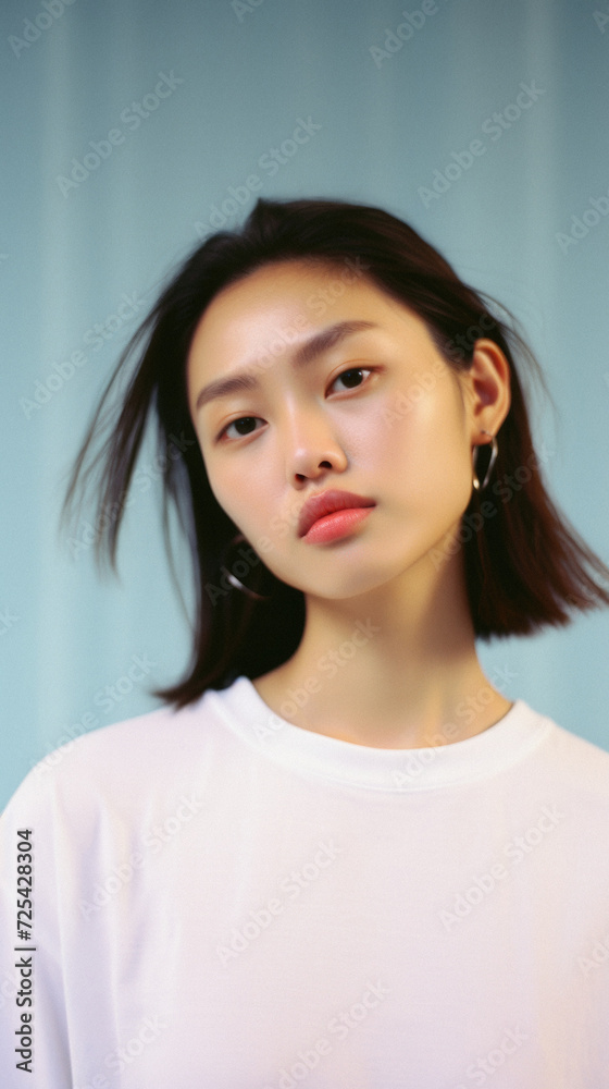 Young pretty Asian woman model wearing tshirt looking at camera standing on color background. Face skin care korean cosmetic and makeup, fashion ads. Beauty portrait. White t-shirt mock up template . Young pretty Asian woman model wearing tshirt looking at camera standing on color background. Face skin care korean cosmetic and makeup, fashion ads. Beauty portrait. White t-shirt mock up template .