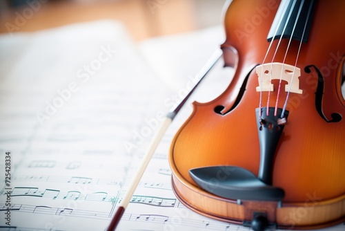 close-up of violin and bow on a music sheet photo