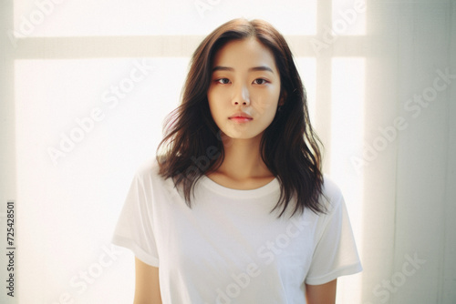Young pretty Asian woman model wearing tshirt looking at camera standing on color background. Face skin care korean cosmetic and makeup, fashion ads. Beauty portrait. White t-shirt mock up template .