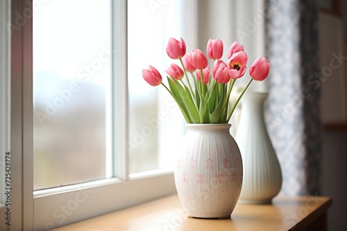 white ceramic vase filled with pink tulips on a windowsill